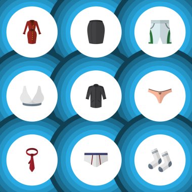 Düz simgesi giysi kümesi mayo kumaş, şık giyim, üniforma ve diğer vektör nesneleri. Külot, çamaşır grupları, giyim öğeleri de içerir.