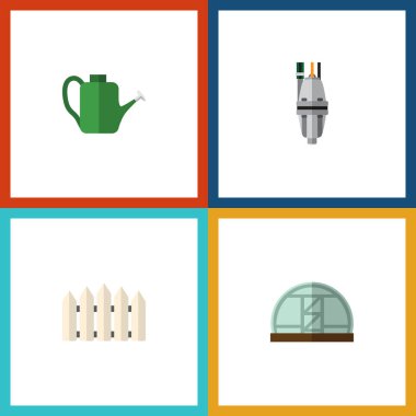 Düz kutsal kişilerin resmi Bahçe ahşap bariyer, Bauer, sera ve diğer vektör nesnelerini ayarlayın. Ayrıca çit, sera, araç öğeleri içerir.