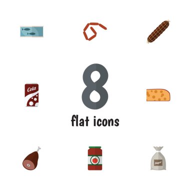 Düz simgesi yeme et, ketçap, Bratwurst ve diğer vektör nesneleri kümesi. Ayrıca Hollanda, peynir, Balık unsurları içerir.