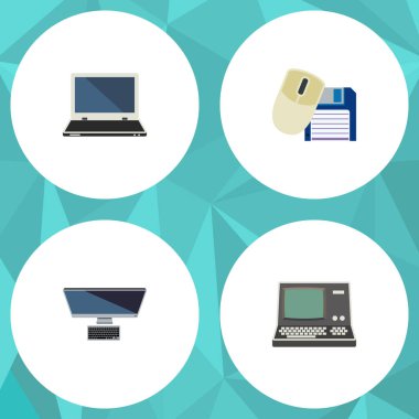 Düz simge bilgisayar seti, dizüstü bilgisayar, teknoloji, bilgisayar fare ve diğer vektör nesneleri. Ayrıca bilgisayar, yumuşak ve sarkık, fare öğeleri içerir.