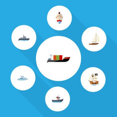 Düz simgesi gemi teslim, gemi, tekne ve diğer vektör nesnelerini ayarlayın. Ayrıca yat, gemi, kargo öğeleri içerir.