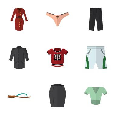 Düz simgesi elbise dizi kıyafetleri, plaj sandalet, T-Shirt vektör nesneleri. Aynı zamanda Sandal, kadın, Giysi unsurları içerir.