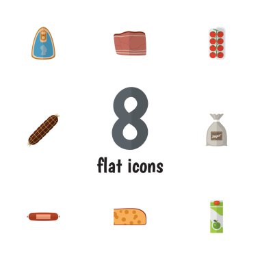 Konserve tavuk, sığır eti, çuval ve diğer vektör nesnelerini düz simge yemek seti. Ayrıca içerir füme, et, Kielbasa öğeleri.