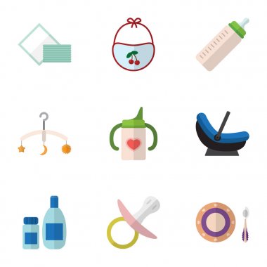 Düz simgesi bebek krem losyon, peçete, çocuk arabası ve diğer vektör nesneleri kümesi. Aynı zamanda şişe, emzikler, Bib öğeleri içerir.