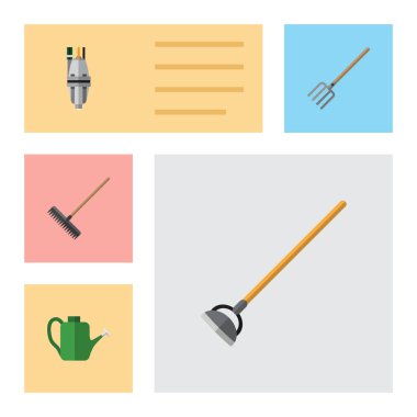 Düz simgesi çiftlik küme saman çatal, Harrow, aracı ve diğer vektör nesneleri. Çatal, sulama, Bahçe öğeleri de içerir.