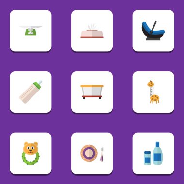 Düz simge çocuk Rattle, Bebek plaka, krem losyon ve diğer vektör nesneleri kümesi. Ayrıca Rattle, Tartma, oyuncak öğeler içerir.