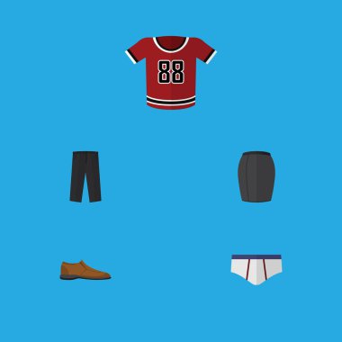 Düz simgesi elbise T-Shirt, çamaşır grupları, erkek Footware ve diğer vektör nesneleri kümesi. Ayrıca giyim, gömlek, bluz unsurları içerir.