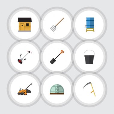 Düz simgesi kulübemde kova, Spade, konteyner ve diğer vektör nesnelerini ayarlayın. Ayrıca biçme makinesi, ahır, çim öğeleri içerir.