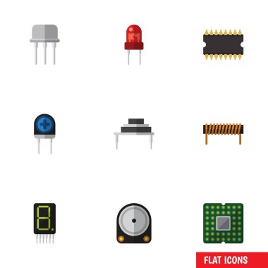 Düz simge elektronik kümesi Resist, alıcı, dönüştürücü ve diğer vektör nesneleri. Ayrıca transistör, içerir görüntüleme, öğeleri hesaplamak.
