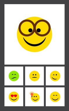 Simge ifade kümesi hoş düz, iyi bir fikir, kaşlarını ve diğer vektör nesneleri yok. Ayrıca gözler, gülümseme, gözlük unsurları içerir.