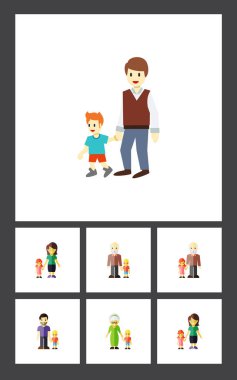 Düz simgesi yakınları ayarla oğlu, çocuklar, torunu vektör nesneleri. Büyükbaba, kardeşim, babam öğeleri de içerir.
