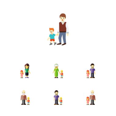 Düz simgesi yakınları ayarla büyükanne, çocuklar, oğlu vektör nesneleri. Ayrıca torun, büyükbaba, kardeşi unsurları içerir.