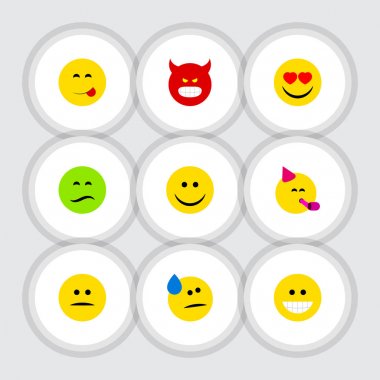 Parti zamanı ifade, sırıtma, sevinç ve diğer vektör nesnelerini düz simge Emoji seti. Ayrıca yüz, üzgün içerir, öğeleri sıktı.