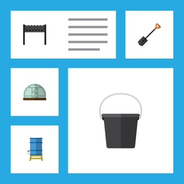 Düz kutsal kişilerin resmi Bahçe konteyner, Spade, Barbekü ve diğer vektör nesneleri kümesi. Ayrıca mangal, çiftlik, Barbekü öğeleri içerir.