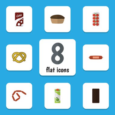 Konfeksiyon, paket içecek, Bratwurst ve diğer vektör nesnelerini düz simge yemek seti. Ayrıca Cola, simit, Frankfurt öğeleri içerir.