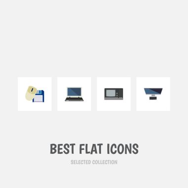 Düz simgesi dizüstü bilgisayar kümesi Pc, bilgisayar faresi, Vintage donanım ve diğer vektör nesneleri. Ayrıca defter, Vintage, bilgisayar öğeleri içerir.