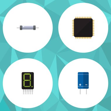 Düz simge elektronik görüntü, Cpu, transistör ve diğer vektör nesnelerini ayarlayın. Ayrıca göstermek, direnç, elektronik öğeler içerir.