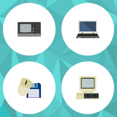 Düz simgesi dizüstü bilgisayar, Vintage donanım, defter ve diğer vektör nesneleri küme. Ayrıca bilgisayar, içeren disket, Retro öğeler.