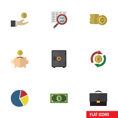 Düz simgesi gelen para, para Kasası, dolar ve diğer vektör nesneleri ayarlayın. Evrak çantası, tarama, kasa öğeleri de içerir.