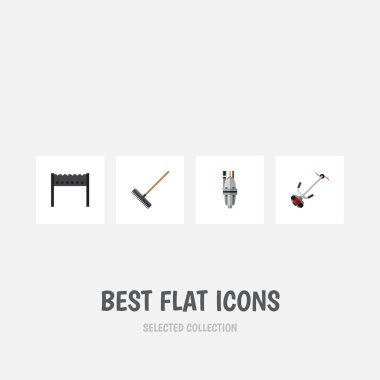 Düz simgesi çiftlik kümesi çim-kesici, Harrow, Barbekü ve diğer vektör nesneleri. Cutter, Barbekü, araç öğeleri de içerir.