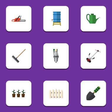 Düz simgesi çiftlik küme saksı, çim-kesici, pompa ve diğer vektör nesnelerine. Aynı zamanda su, bariyer, demir testeresi unsurları içerir.