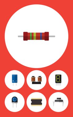 Düz simge cihaz seti, mikroişlemci, hedef, bobin bakır ve diğer vektör nesneleri. Ayrıca işlemci, transistör, birim öğeleri içerir.