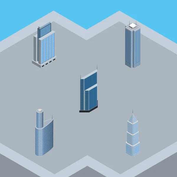Ισομετρική κατασκευή σύνολο των αστικών, κτίριο, οικιστικών και άλλα διανυσματικά αντικείμενα. Περιλαμβάνει, επίσης, κατοικίες, εξωτερικό, Skyscraper στοιχεία. — Διανυσματικό Αρχείο
