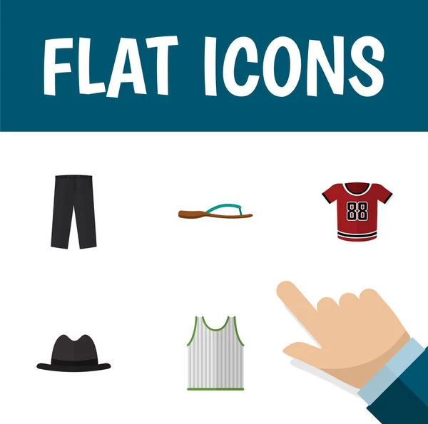 Flat Icon Dress Set de T-Shirt, Panama, Sandale de plage objets vectoriels. Comprend également pantalons, chapeau, éléments uniformes . — Image vectorielle