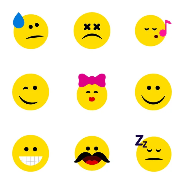 Flache Symbol-Emojis mit fröhlichen, schlafenden, streichelnden und anderen Vektorobjekten. beinhaltet auch Schwindel-, Emojis, Grinseelemente. — Stockvektor