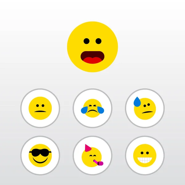 Flat Icon Face Set Of Grin, Party Time Emoticon, Cold Sweat and Other Vector Objects (dalam bahasa Inggris). Juga termasuk Mood, Bingung, Emoji Elements . - Stok Vektor