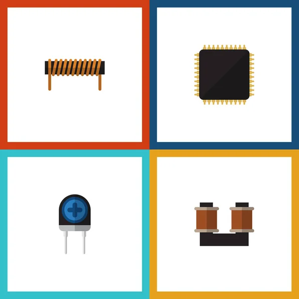 Conjunto de tecnología de iconos planos de bobina, transductor, CPU y otros objetos vectoriales. También incluye carrete, bobina, elementos de microprocesador . — Archivo Imágenes Vectoriales