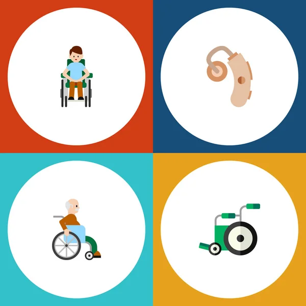 Icono plano discapacitados conjunto de audiología, hombre discapacitado, personas con discapacidad Vector objetos. También incluye Silla de ruedas, Audición, Elementos para discapacitados . — Vector de stock