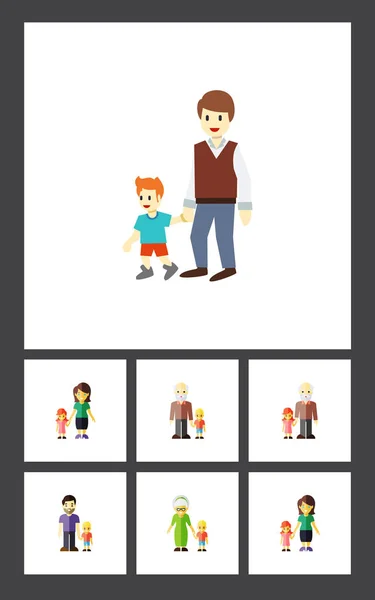 Flat ikonen släktingar uppsättning Son, pojkar, sonson vektorobjekt. Innehåller även morfar, bror, far element. — Stock vektor