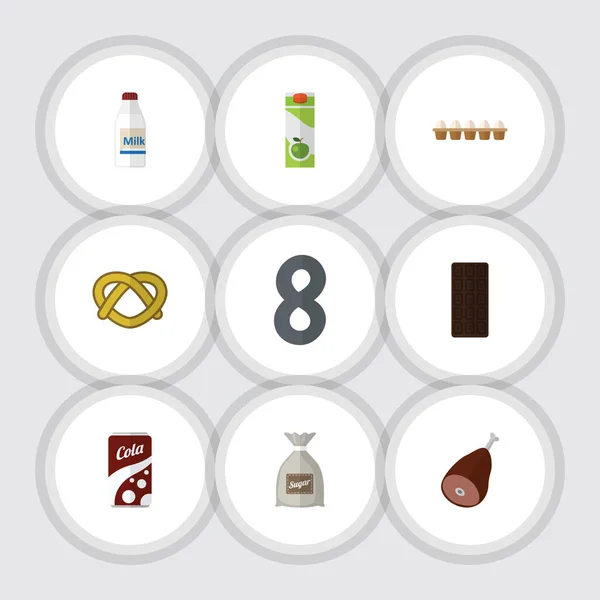 Flat ikonen äta uppsättning Cookie, kött, Packet dryck och andra vektorobjekt. Även kött, frukost, äggskal element. — Stock vektor