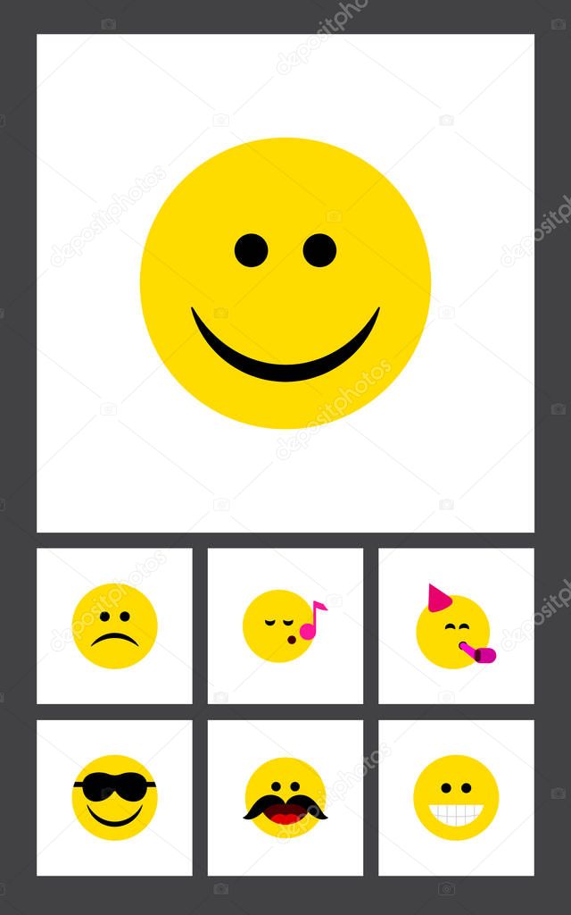 Flat Icon Expression Set Of Happy, Sad, Grin And Other Vector Objects. Also Includes Song, Face, Laugh Elements.