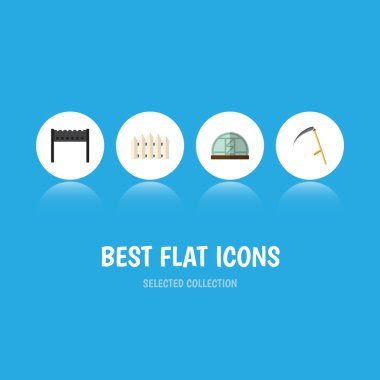 Düz kutsal kişilerin resmi Bahçe kesici, sera, ahşap bariyer ve diğer vektör nesneleri kümesi. Aynı zamanda sera, aracı, mangal öğeleri içerir.