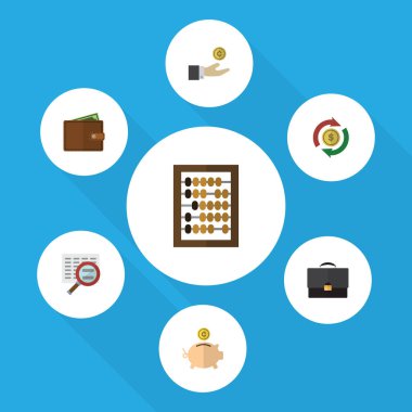 Para Kasası, cüzdan, portföy ve diğer vektör nesnelerini düz simge kazanç seti. Ayrıca hesap makinesi, banka, Büyüteç'i öğeleri içerir.