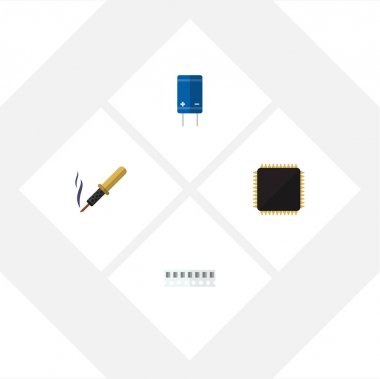 Cpu, bellek, transistör ve diğer vektör nesnelerini düz simge cihaz seti. Ayrıca rastgele, içerir elektronik, mikroişlemci elemanları.