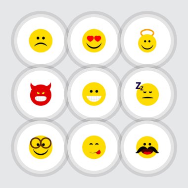 Düz simgesi yüz lezzetli yemek, aşk, melek ve diğer vektör nesnelerini ayarlayın. Ayrıca, gözlük, surat asmayı öğeleri gülmek içerir.