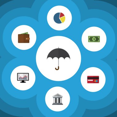 Düz simgesi gelen şemsiye, ödeme, cüzdanınızdan ve diğer vektör nesneleri kümesi. Ayrıca kredi, para, pasta öğeleri içerir.