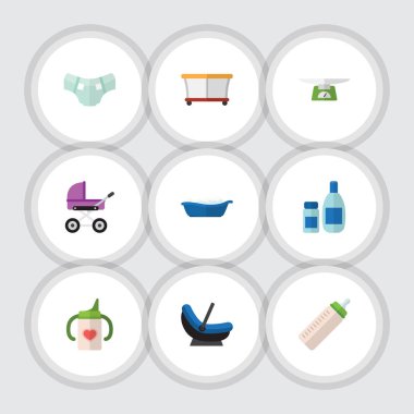 Bebek arabası, küvet, Bebek bezi ve diğer vektör nesnelerini düz simge çocuk seti. Ayrıca bebek bezi, krem, tartma öğeleri içerir.
