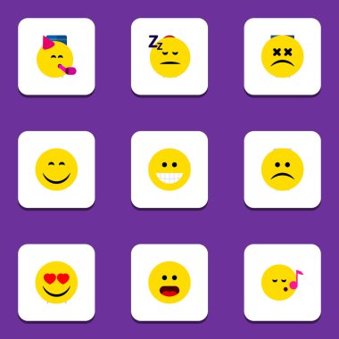 Diğer vektör nesneleri ve düz simgesi Emoji kümesi Descant, üzgün, uyuyor. Ayrıca ifade, uykuda, Emoji öğeleri içerir.