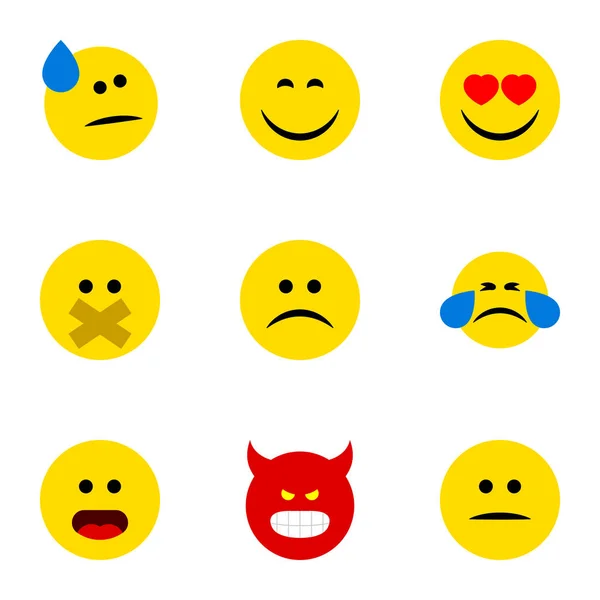 Twarz ikona płaski zestaw miłości, niezadowolony, cud i innych obiektów wektorowych. Zawiera także twarz, Emoji, elementy nastroju. — Wektor stockowy
