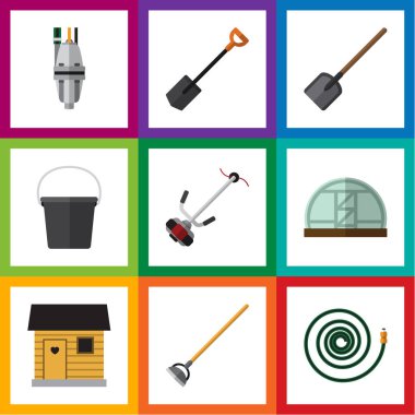 Düz kutsal kişilerin resmi Bahçe Hosepipe, otlak, aracı ve diğer vektör nesneleri kümesi. Cutter, sera, çiftlik öğeleri de içerir.