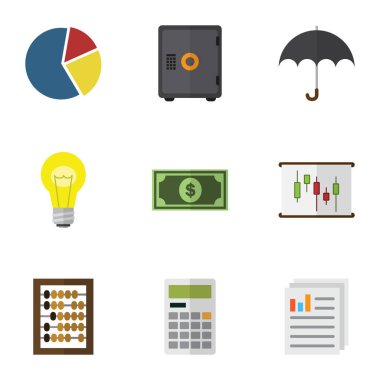 Düz simgesi gelen Bubl, şemsiye, diyagram ve diğer vektör nesnelerini ayarlayın. Ayrıca içerir kasa, kasa, plaj öğeleri.