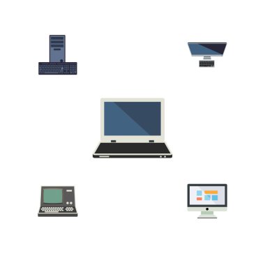 Düz simgesi dizüstü bilgisayar teknolojisi, bilgisayar, ekran ve diğer vektör nesneleri ayarlayın. Ayrıca Retro, dizüstü bilgisayar, Pc unsurları içerir.