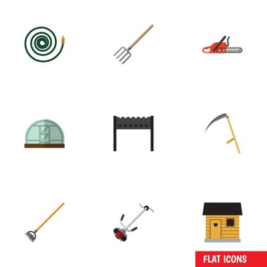 Düz simgesi kulübemde çim kesici, Barbekü, kesici ve diğer vektör nesneleri ayarlayın. Ayrıca hortum, Hosepipe, tırpan unsurları içerir.