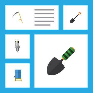 Düz simgesi kulübemde kümesi mala, pompa, konteyner ve diğer vektör nesneleri. Ayrıca kürek, pompa, mala unsurları içerir.