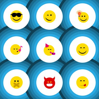 Simge yüzünü gülümseme kümesi düz, iyi bir fikir, mutlu ve diğer vektör nesnelerinin vardır. Ayrıca içerir gülümseme, eğlenceli, sevinç öğeleri.