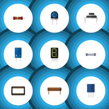 Düz simgesi aygıt kümesi bobin, direnç, transistör ve diğer vektör nesneleri. Ayrıca elektronik, ekran, bobin öğeleri içerir.